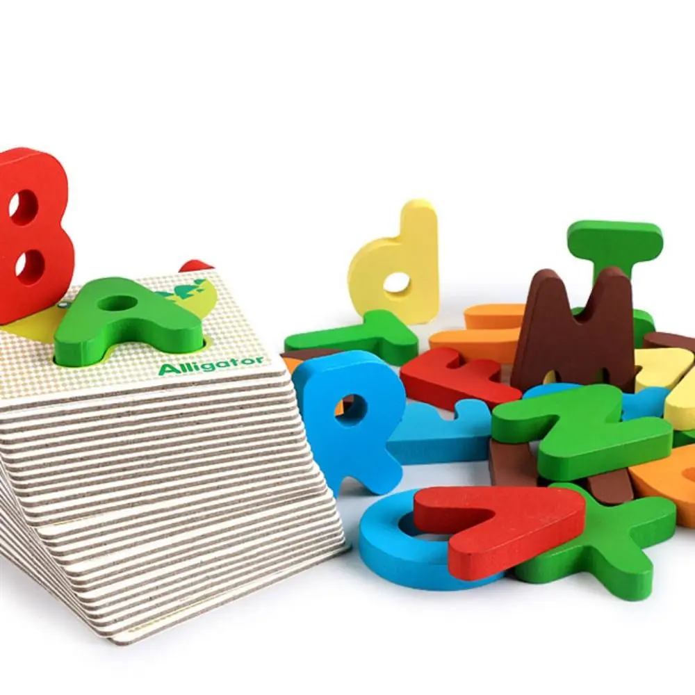 26 lettere inglesi Lettera in legno colorata Flashcard Modello fronte-retro Gioco di puzzle con alfabeto inglese Gioco IQ portatile