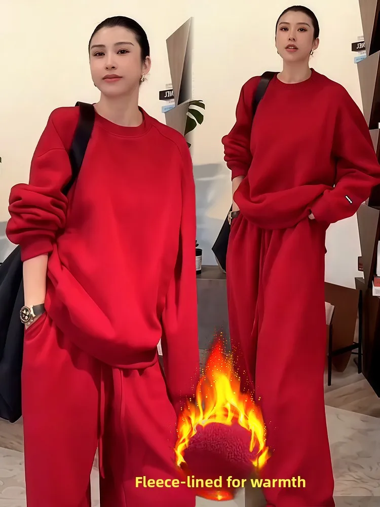 

Thiened Fce Hoodie High Waist Wide Leg Pants Women's Two-Piece Set Casual Sle Winter Collection Warm And Comfortable