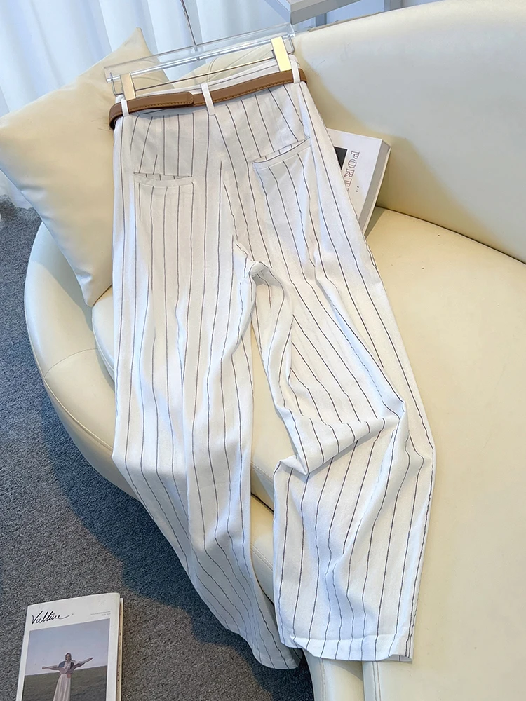 Pantalones informales a rayas blancas para mujer, pantalones finos sueltos de pierna ancha, cintura alta, estilo coreano, para ir al trabajo, primavera, otoño y verano