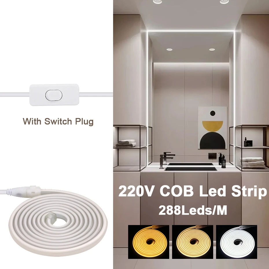 

220V COB LED Neon Strip Light With Switch ON/OFF AU EU Plug 1M-50M 288Leds/M Waterproof Flexible Tape Garden Home Lighting