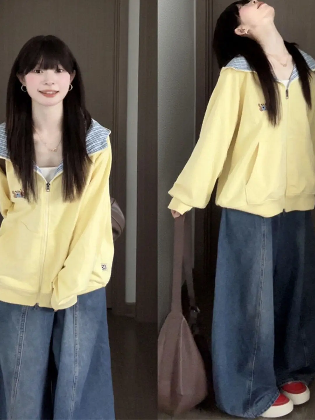 

Yellow Plaid Patchwork Embroidered Sweatshirt Women's Loose Autumn Winter Chic Lazy Style Open Cardigan Outerwear