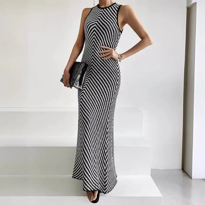 Summer Chic High-end Round Neck Striped Color Block Bodycon Sleeveless Knitted Dress From Korea