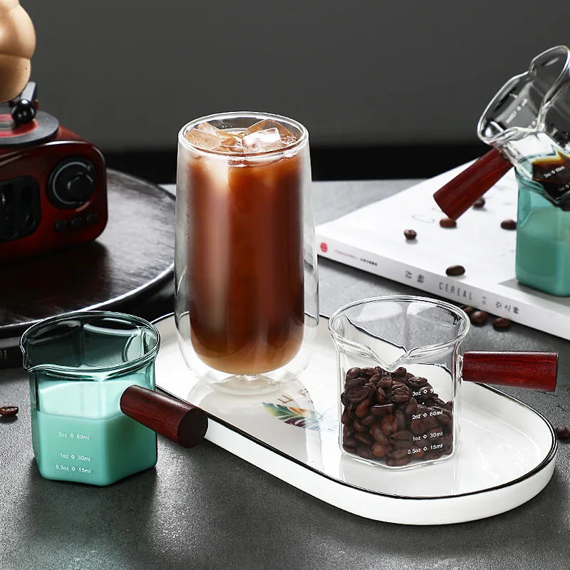 120ml Wood Handle Glass Espresso Measuring Cup Milk Latte Jug Coffee Supplies Kitchen Mug Drinkware High Borosilicate Glass - Detail 1