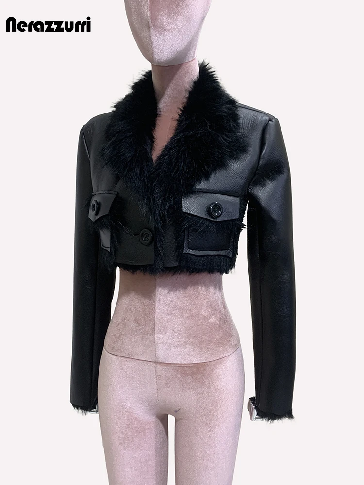 Nerazzurri Autumn Winter Short Hairy Fluffy Thickened Warm Black Faux Sheepskin Coat Women Long Sleeve Shearling Jacket 2024