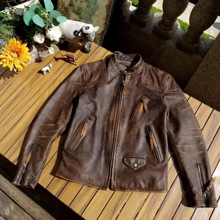 Free shipping.Men Vintage brown moto rider leather jacket.wholesales.Classic cool slim fit real cowhide coat.Same Film Style