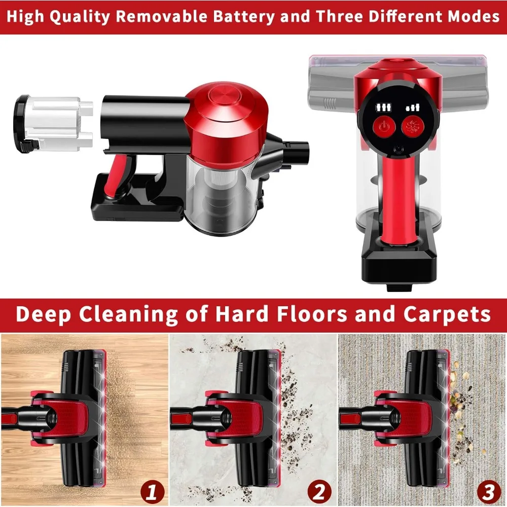 Cordless Vacuum Cleaner Rechargeable with 2200mAh Detachable Battery, 18000Pa Cyclone Vacuum with HEPA Filter