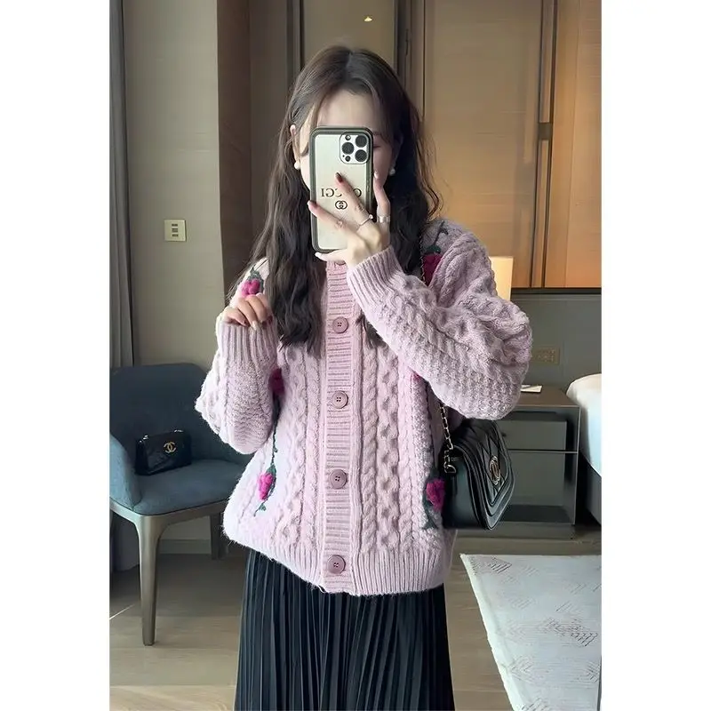 

Women 2023 Spring Autumn New O-neck Knit Cardigan Coats Female 3D Flower Sweater Jackets Ladies Long Sleeve Loose Outerwear S525