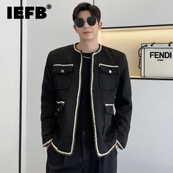 IEFB Men's Tweeds Jackets Korean Fashion Multi-pocket Contrast Color Male Short Coats Personality Spring New Trend 2024 9Y9911