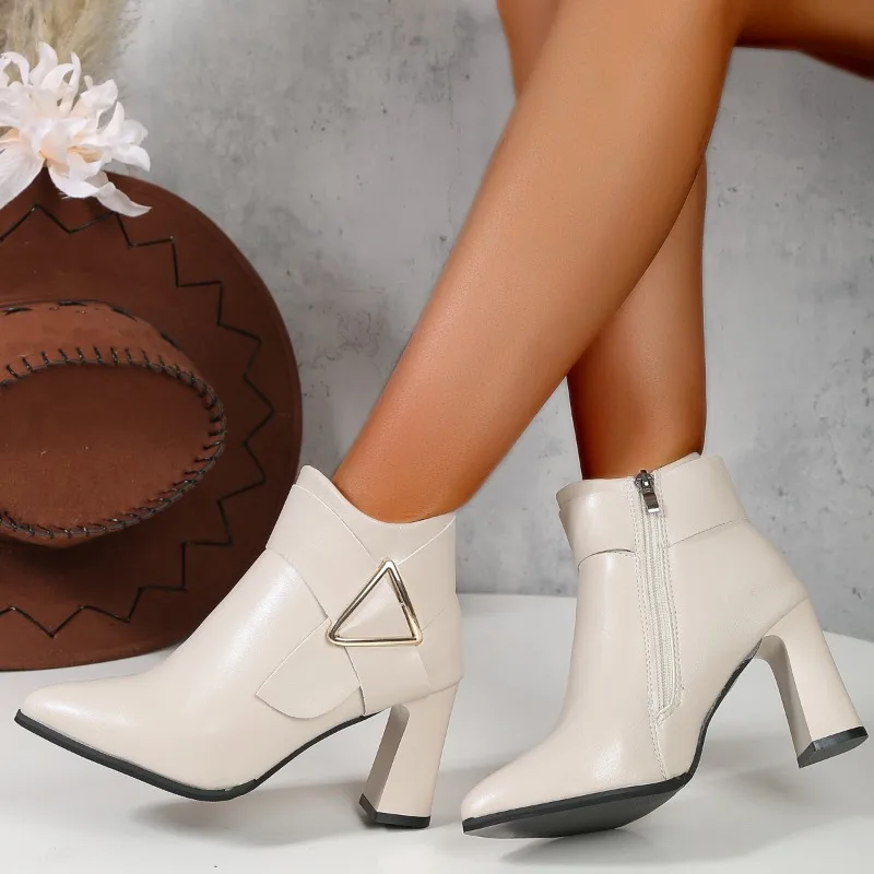 

Women's Winter Boots Fashion Square Toe Side Zipper High Heels Belt Buckle Office and Career High Quality Short Plush Ankle Boot