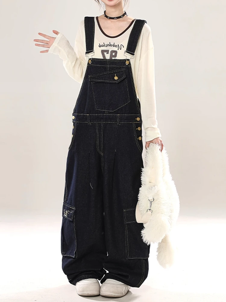 

American Retro Workwear Denim Overalls Women's Autumn Winter Lazy Sle Loose Hip Covering Wide Leg One-Piece Pants