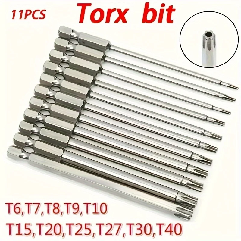 Set Bit Torx bintang presisi 11 buah-baja Aloi S2 kekuatan tinggi, panjang 75mm, ukuran T6-T40, mekanis serbaguna dan DIY rumah