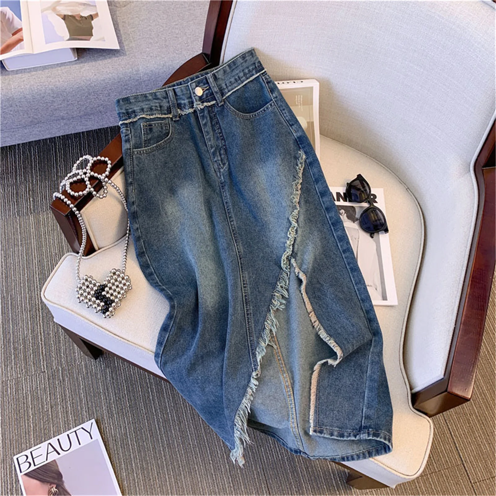 Denims Skirts for Women with Pockets Casual Long Jean Skirts Frayed Raws Hem High Waist A Line Midi Jean Skirts Gifts