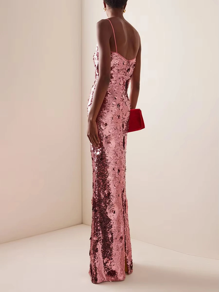 Chic New Rose Gold Sequin Accent Mermaid Maxi Dress for Women Spaghetti Strap Bodycon Skirt for Red 2026 Carpet Event ropa mujer