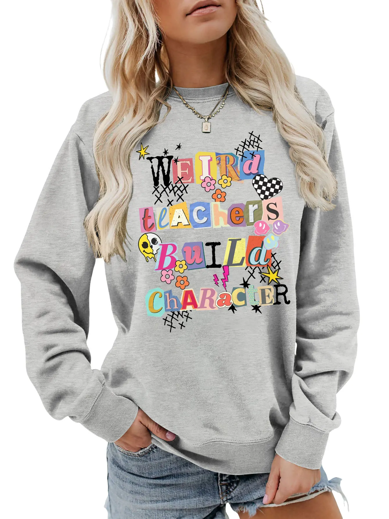 Autumn new long-sleeved casual T-shirt hoodie weird teachers build printed loose crew neck ladies top with all fashion pullover