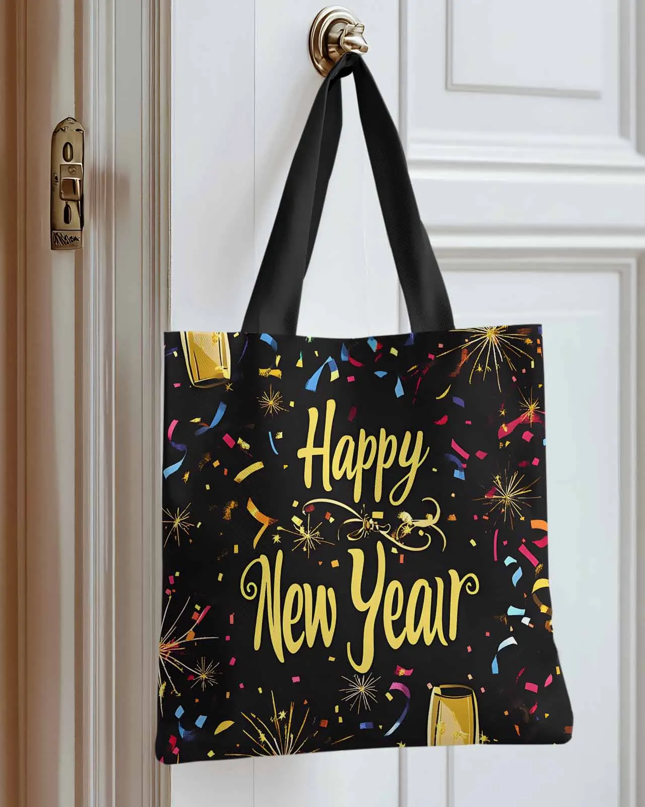

Happy New Year Fireworks Canvas Bag Handbag Oxford Cloth Eco Shopping Storage Bag for Home Use