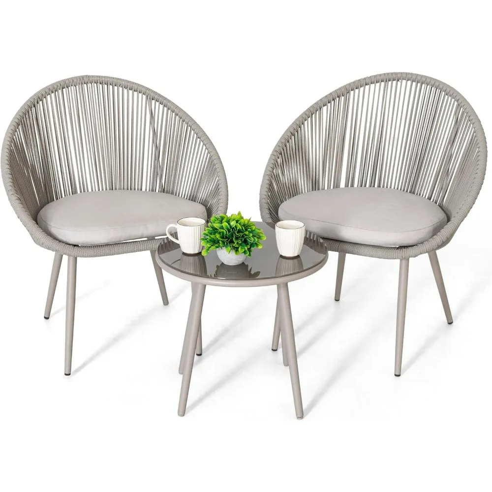 3 Piece Outdoor Bistro Set, Woven Rope Conversation Patio Set, All Weather Patio Furniture Chair，Tavoli e Sedie Da Giardino