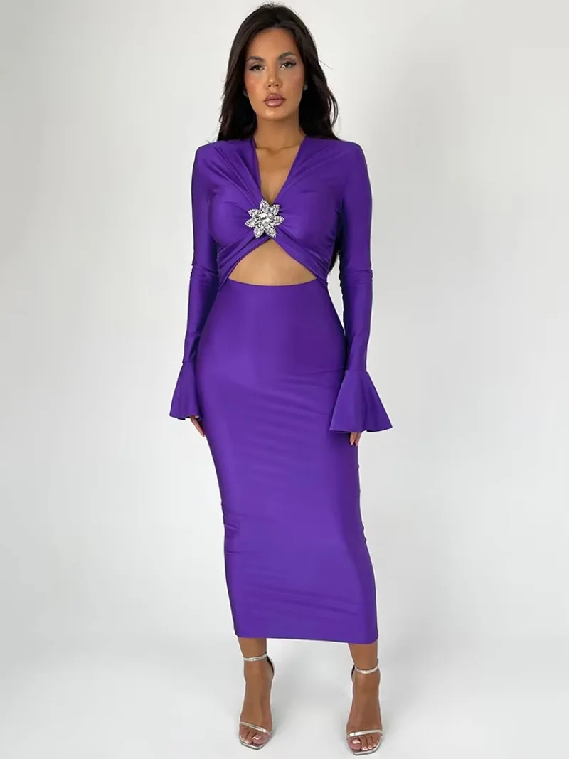 Greenora Elegant Hollow Out Sexy Maxi Dress For Women Spring New V Neck Long Flare Sleeve Bodycon Club Party Evening Dress