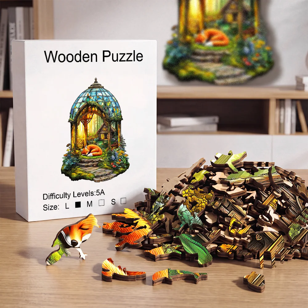 Sleeping Fox In Glass Dome Wooden Puzzle, Enchanted Forest Cabin Jigsaw For Gift & Home Decoration With Unique Creature Cutouts