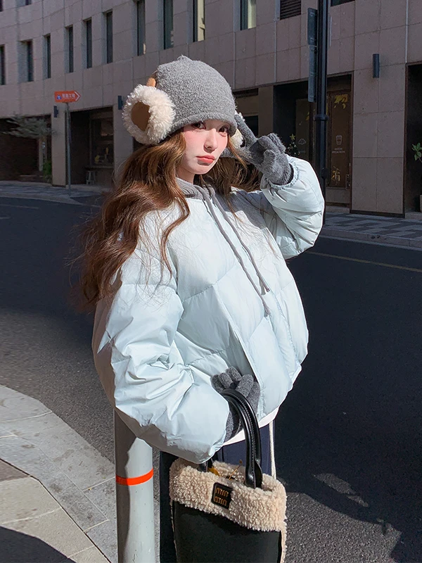 

Blue Knitted Hooded down Jaet Women's ort Winter 2025 New Small Size Anti-Aging Warm White Du down Outerwear