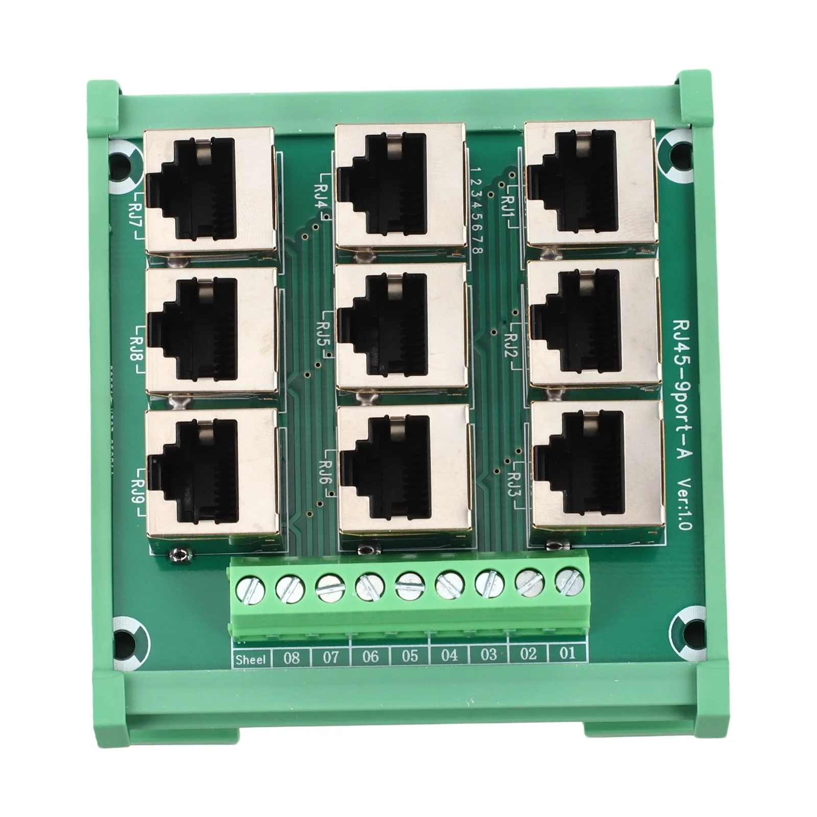 1pc 9 Port To Screw Terminal Block 8P8C Ethernet Board For DIN Rail Mounting Industrial Wiring Adapter Green