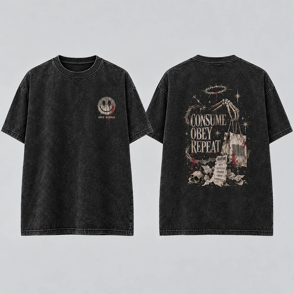 Vintage Washed Black T-Shirt Consume Obey Repeat Skeleton Graphic Tee Gothic Streetwear  Short Sleeve