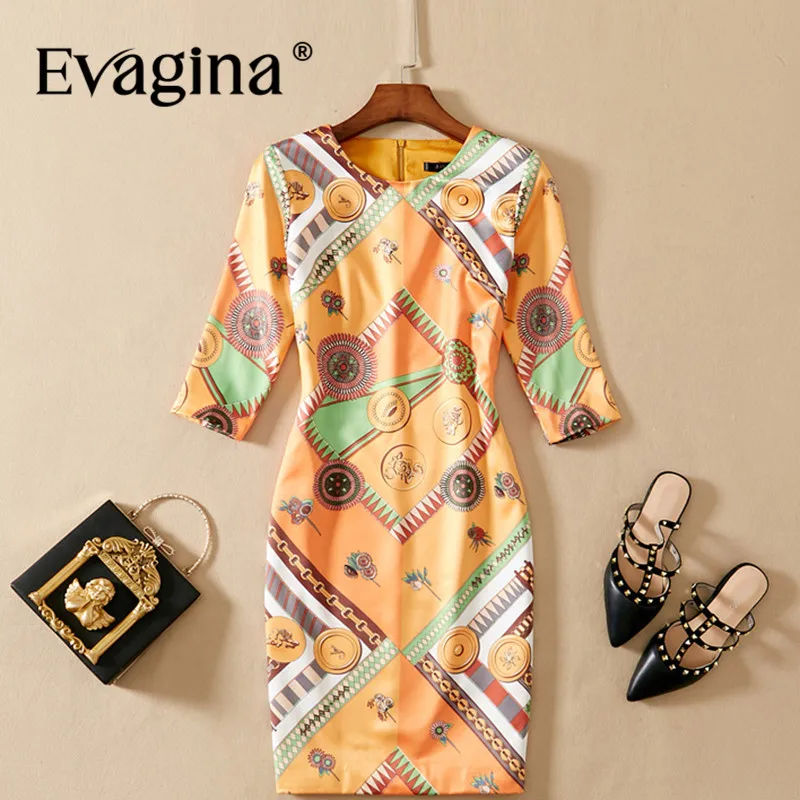 

Evagina New Fashion Runway Designer Dress Women's O-Neck Half Sleeved Printing High Street Orange S-XXL Mini Dresses