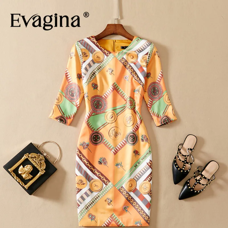 Evagina New Fashion Runway Designer Dress Women's O-Neck Half Sleeved Printing High Street Orange S-XXL Mini Dresses