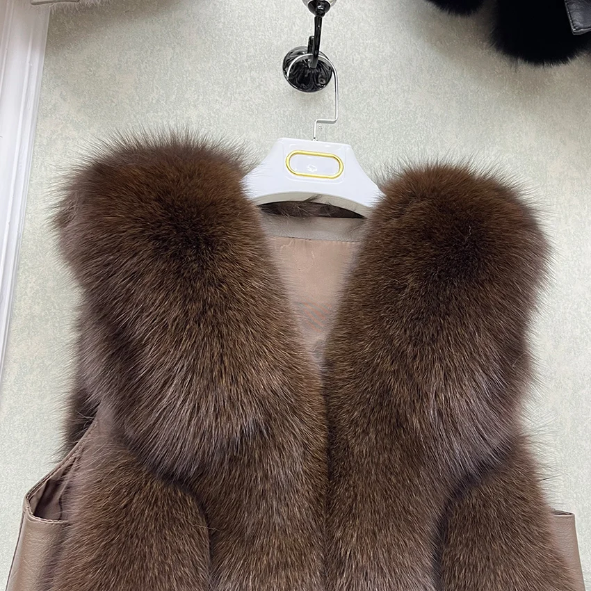 2024 New Autumn Winter Warm Women's Coat Natural Real Fox Fur Vest Thick Mid Length Waistcoat Luxury Female Jacket Streetwear