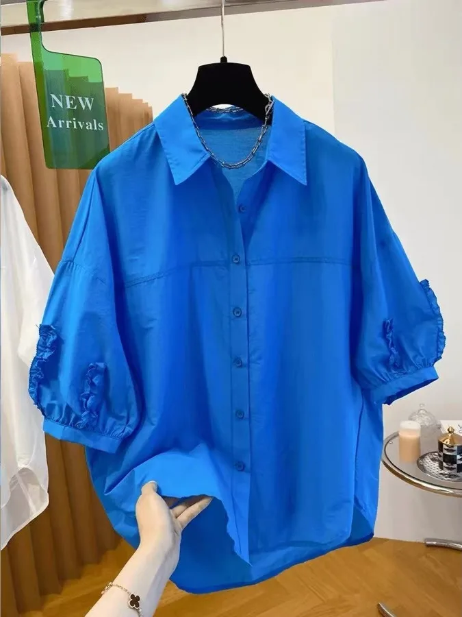 

Trendy Short Sleeve Loose Women's Shirt Versatile Age-Defying Fashion Top for Summer 2026 Comfortable Fit Bubble Sleeve Design