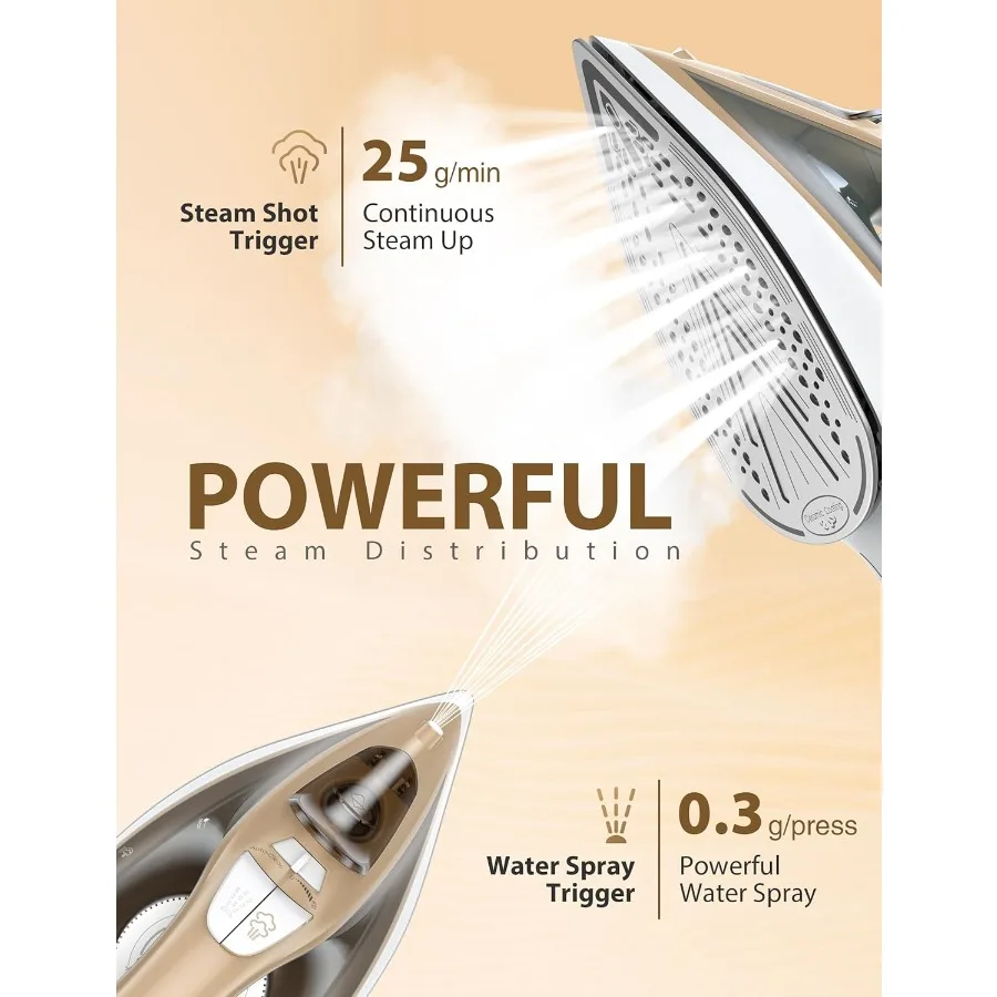 Plancha de vapor de 1500W para ropa con tanque de agua de 11,84 oz, suela de cerámica de calentamiento rápido de 15 segundos, goteo, apagado automático, ráfaga de vapor