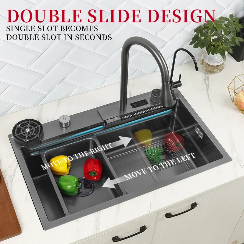 304 Stainless Steel Waterfall Kitchen Sink Multifuctional Faucet Smart Basin Above Counter/Apron Front