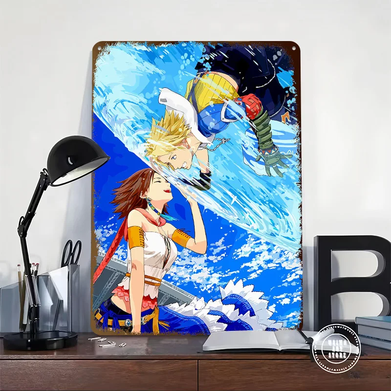 Final Fantasy X: Tidus and Yuna Tinplate Poster Customized Wall Art Vintage Metal Signs Retro Tin Plaque for Bathroom Decor Home