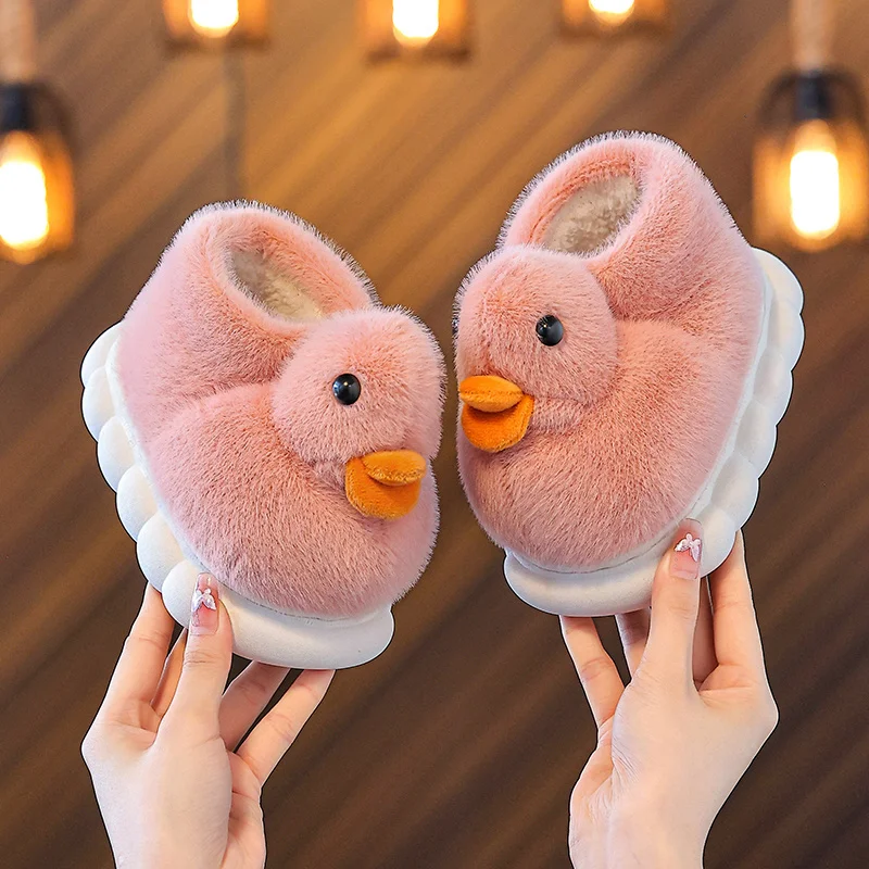

Cute duckling ankle slippers children slip-on indoor fur booties full wrap keep warm slippers cartoon design kids duck shoes