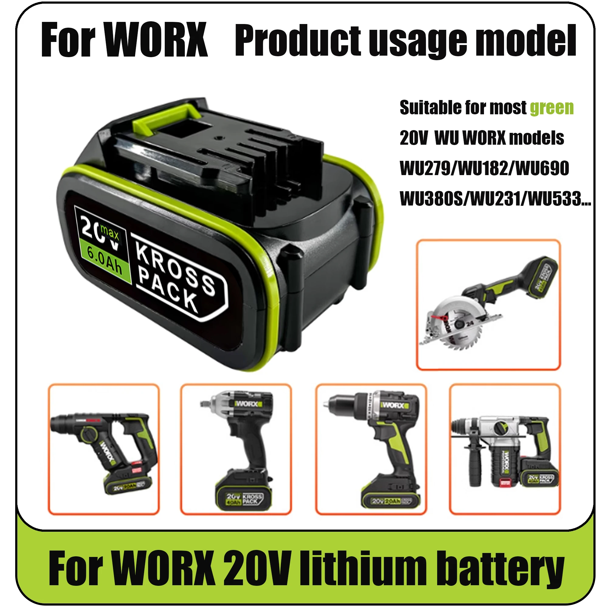 

Hot 100% Orginal WORX Green battery 20V 6.0 Ah/8.0 Ah Li-ion Battery Charger Suitable for Worx ROCKWELL Products Power Tools