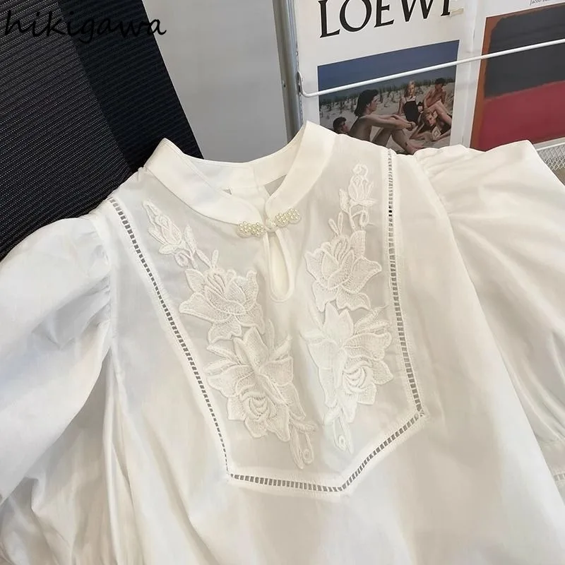 Chinese Style Summer Shirts Fashion Temperament Blouses for Women Stand Neck Hollow Out Embroidery Tops Camisas De Mujer 2024