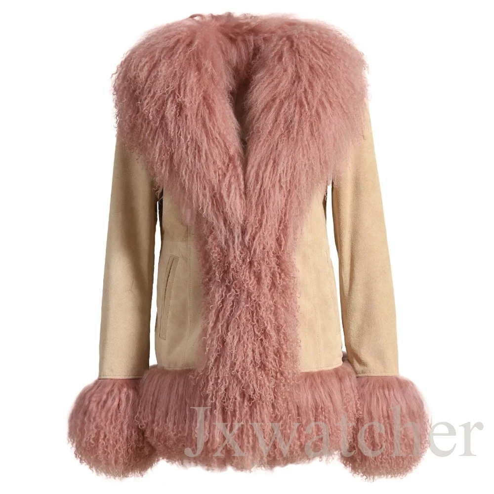 Jxwatcher Giacca in pelle da donna Rivestimento in pelliccia di pecora mongola Cappotto in vera pelle scamosciata da donna Giacca invernale calda in vera pelle Autunno