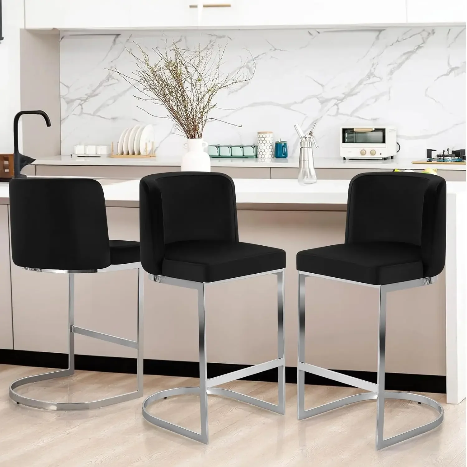 

BestsellerCounter Height 26" Bar Stools Set of 3 Modern Velvet Barstools with Back and C-Shaped Metal Frame