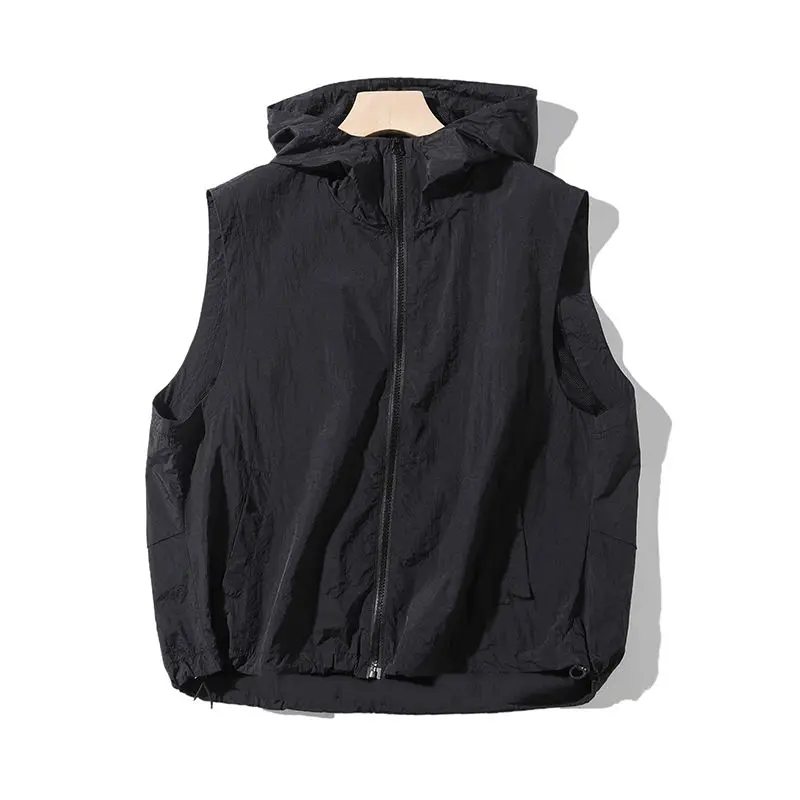 

HOUZHOU винтажные черные Жилеты для женщин корейская мода оверсайз повседневная куртка без рукавов на молнии с капюшоном летнее Тонкое Пальто Harajuku Топ