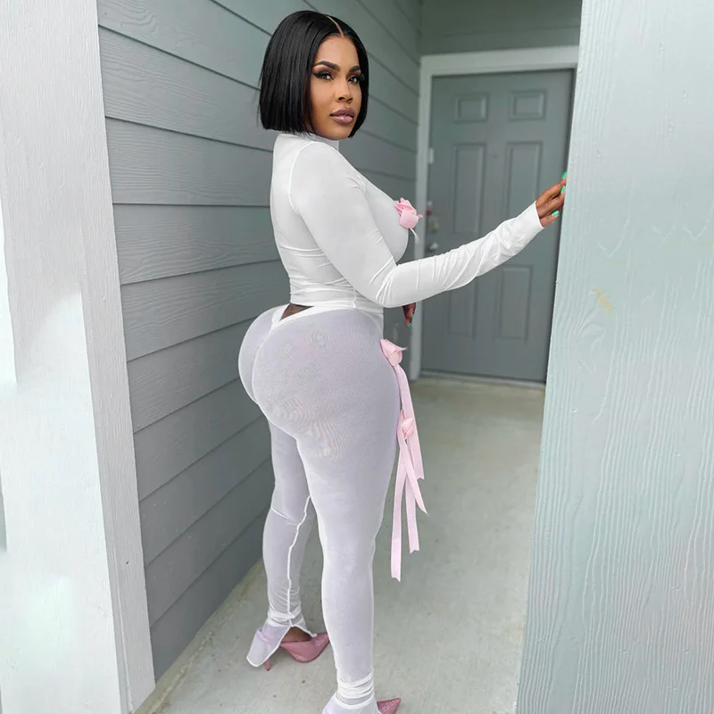 BKLD Women Clothing Summer New Fashion Bow Decoration Long Sleeve Tops Mesh Long Pants Casual Two Piece Sets Sexy Night Clubwear