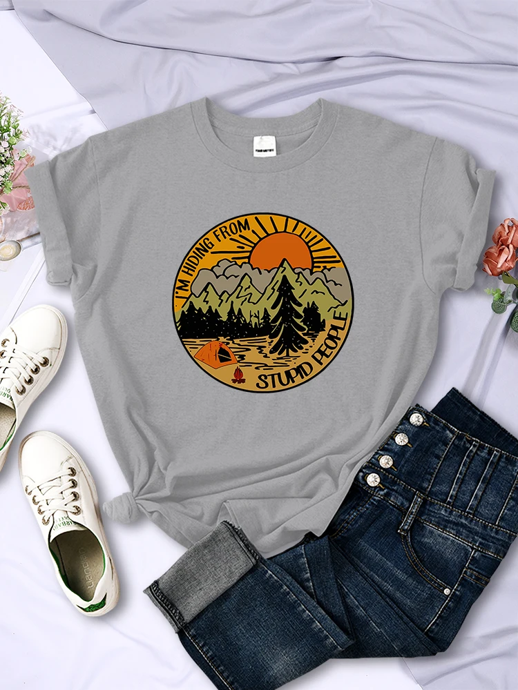 I'M Hiding From Stupid People Camping Scenery Women Tops Trend Hip Hop Street T-Shirt Casual Soft Breathable Womans Short Sleeve