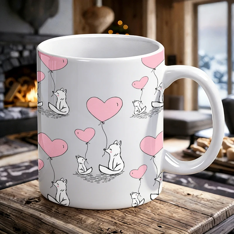 

Hand-painted Style Fox with Heart Balloon Ceramic Cup, Coffee Cup, Milk Cup, Office Tea Cup, Drinking Cup, Fade-resistant