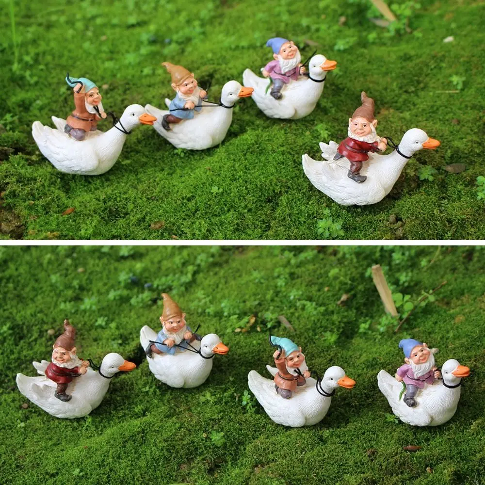 4pcs Resin Duck Riding Dwarves Sculpture Cute Creative Bonsai Statues Exquisite Waterproof Garden Figurines Backyard