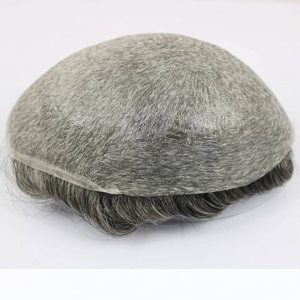 Men Human Hair Toupee 0.02mm Ultra Thin Skin Base #1b65 Grey Men Hair Replacement System Capillary Prosthesis Natural Hairline