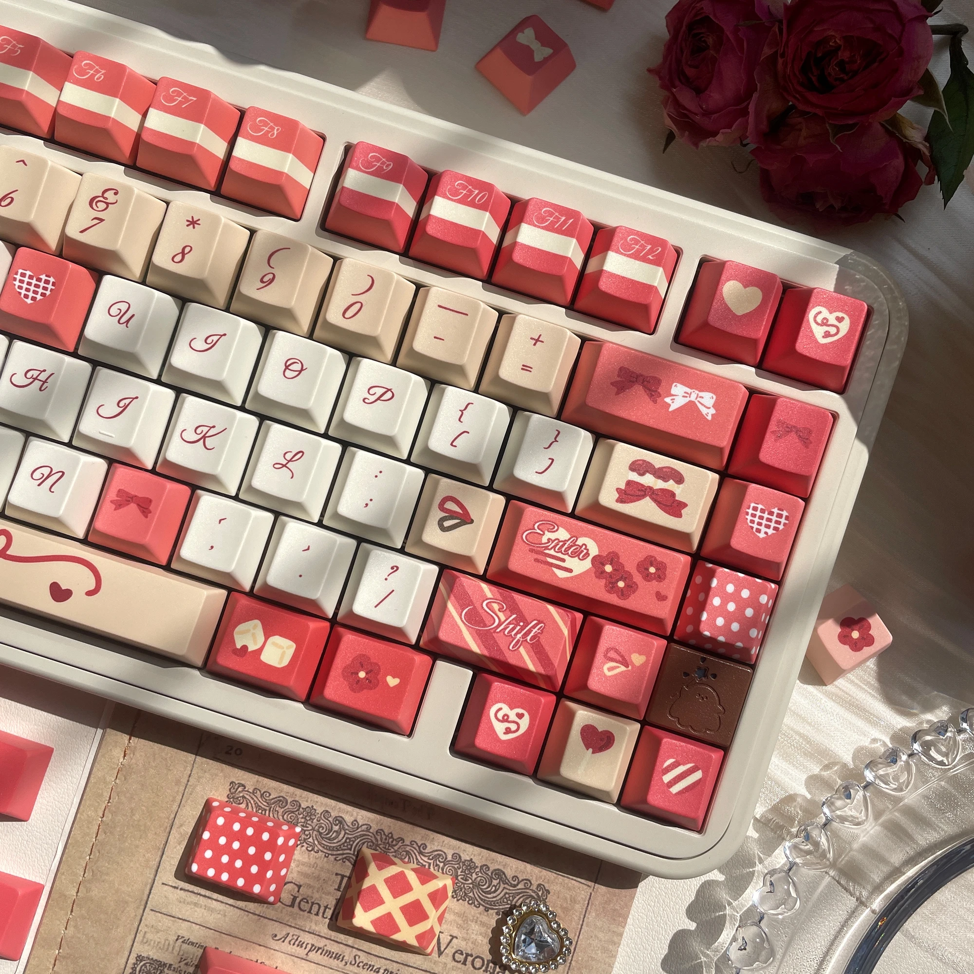 Ice Cream Black Tea Keycap  Pbt Sublimation Keycap Cherry135 Keys Bow L Shape Enter Key 2.25/2.75U Space Bar Alice Layout Keycap