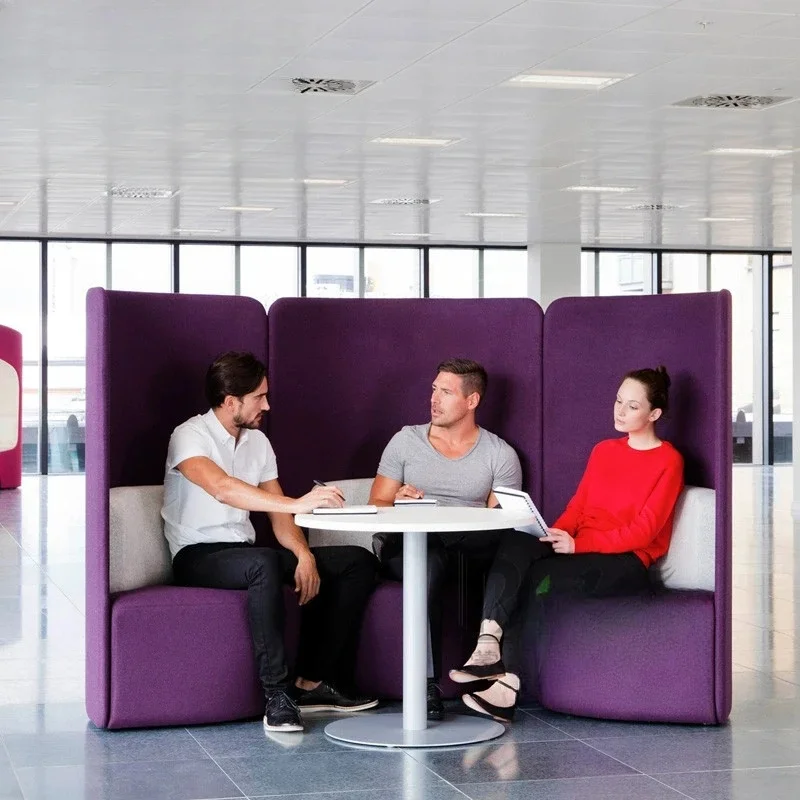 

Modern office privacy negotiation area with high-back single sofa chair, book bar, and creative rest combination.