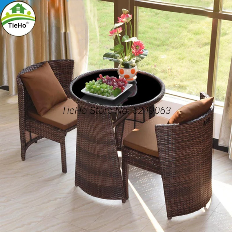 TieHo-Jardim Rattan Mesa e Cadeira Combinação, Small Leisure Round Table, Mobiliário de exterior, Varanda Coffee Table, Mesas Twin