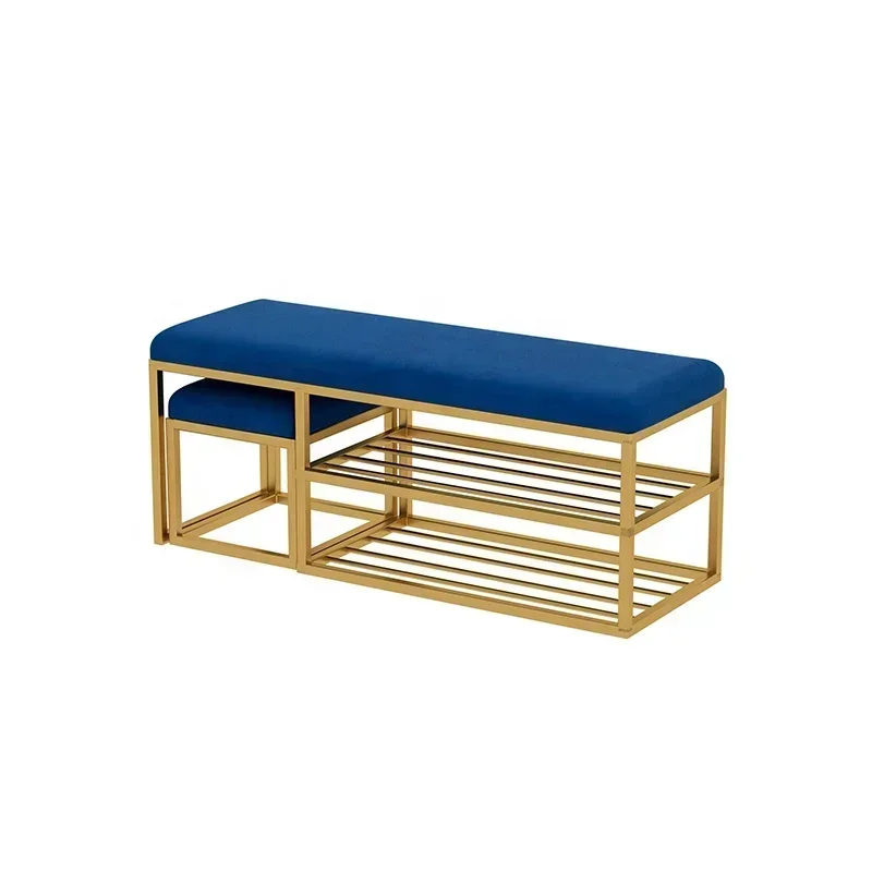 

Excellent Top Quality Hotel Furniture Shoe Rack Footstool Metal Modern Velvet Fabric Stainless Steel Shoes Bench With Shoe Stora