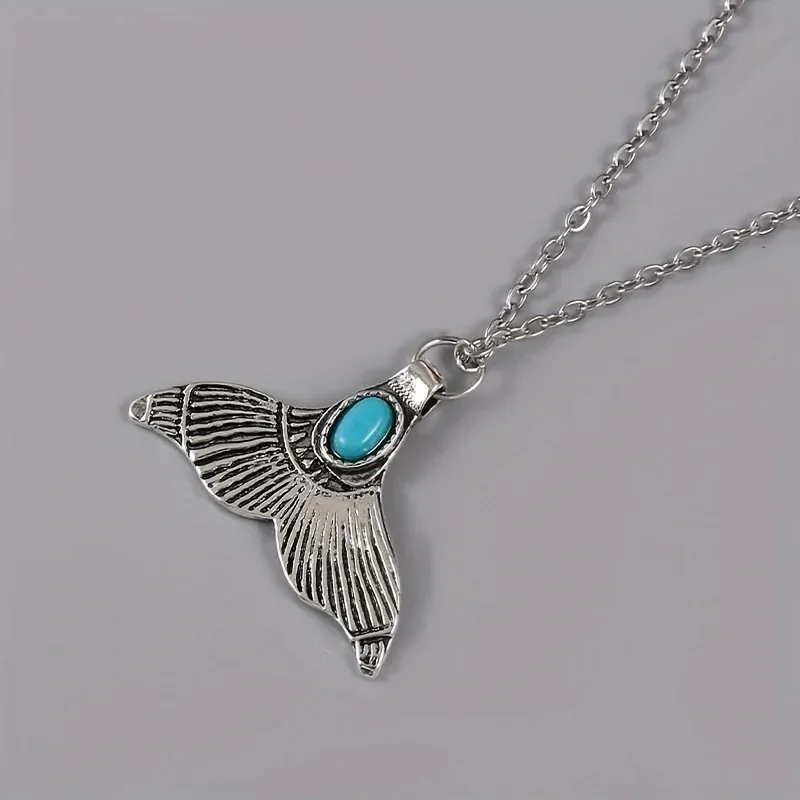 

Fashion New Retro Fishtail Silver Color Pendant Necklace Imitation Turquoise Women Personalized Festival Party Gift Accessories