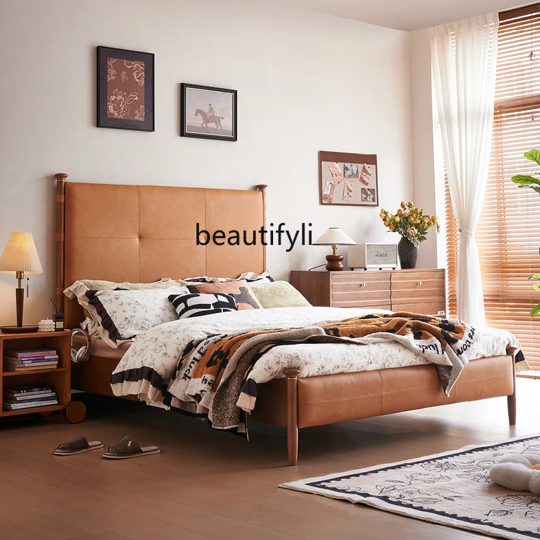 Medieval style first-layer cowhide bed, master and second bedroom, American double bed, retro style, Wutong soft bag bed