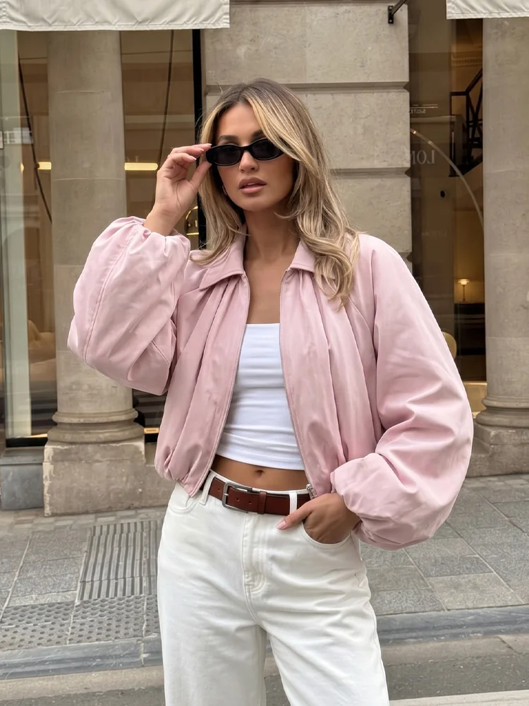 

HH Fashion Women Autumn Bomber Jacket Solid Balloon Puff Sleeve Lapel Zipper Casual Outerwear Daily Vintage High Street Wear